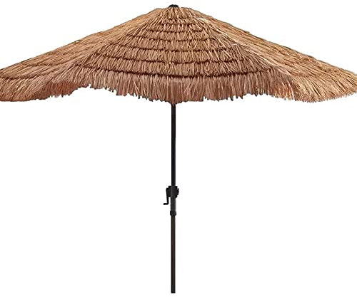 Yesbon 2.4m Thatched Tiki Parasol, Hawaiian Thatched Parasol Patio Tiki Garden Umbrella with Manual Crank System & 8 Ribs Portable Tiki Hut Parasol for Garden, Patio and Poolside