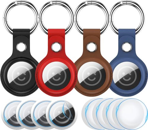 RFUNGUANGO Portachiavi Airtags, 4 Pack Custodia in pelle per donne uomini bambini con Apple Air Tag GPS Tracker Trova oggetti - Nero, marrone, blu, rosso