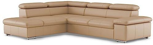 CAVADORE Echtleder-Eckcouch Valerie mit Ottomane / Ecksofa mit Kopfteilverstellung + Metallfüßen / 272 x 73 x 226 / Leder Beige
