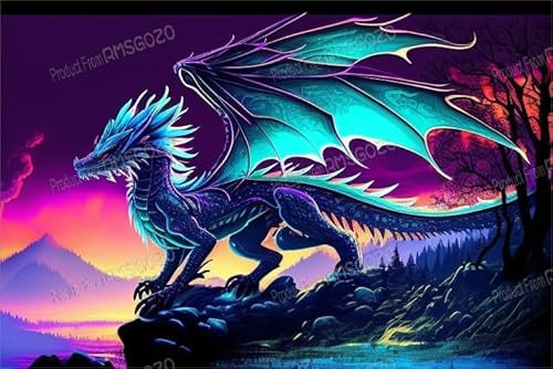 RMSGOZO Puzzle 500 Teile - Grüner fluoreszierender Drache - 3D Lila Sonnenuntergang Berg Holzpuzzles für Erwachsene, herausforderndes Puzzle, perfekt für Home Entertainment