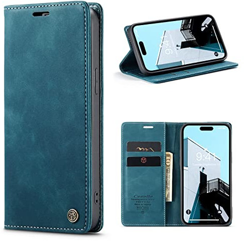 niloucase Kompatibel mit iPhone 15 Pro Max Hülle Leder,Magnetverschluss Premium PU Leder Flip Case,Standfunktion.-Grün-Blau