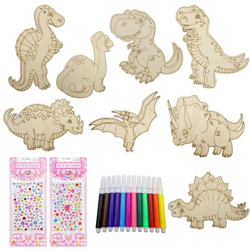 31 Stück Dinosaurier Holz Bastelset Kindergeburtstag Dino Holz Basteln zum bemalen für Kinder Mädchen Jungen DIY Handwerk mit 16 Dino Holz, 12 Aquarellstifte, 2 Aufkleber,1 Meter lange Hanfschnur