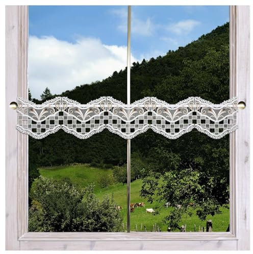 Feenhaus-Scheibengardine Lina aus Echter Plauener Spitze Landhaus-Stangendeko mit Karos und Ornamenten 15 x 96 cm