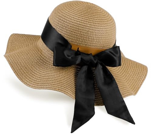 GNEGNI LIFE Floppy Straw Hat, Women Wide Brim Sun Hat Foldable Summer Beach Sun Protection UPF 50+ (Khaki & Black Ribbon)