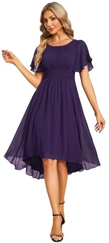 Ever-Pretty Abito Cerimonia Donna Maniche a Volant Chiffon Pieghe al Ginocchio Abito da Sera Elegante Viola Scuro 48