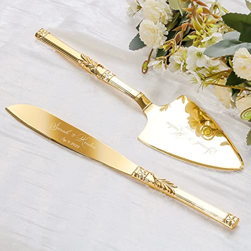 TUKDAK Ensemble de Couteau Et Serveur de Gâteau de Mariage, Or Personnalisé Couteau à Gâteau de Mariage et Ensemble de Serveur, Serveur de Tarte pour Fête Noël l'anniversaire (Classique)