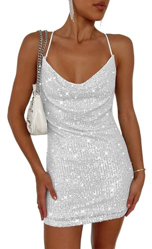 EMOTTOS Pailletten Glitzer Minikleid, Sexy Frauen Rückenfreies Neckholder Kleid, Weiches Swing Saum Bodycon Kleid, Glänzende Tube Club Cocktail Party Pencil Kleider(Silber, S)