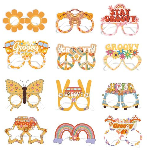 BSITSSS 12 Stück Groovy Hippie Thema Papier Partybrillen, Hippie Boho Blume Papier Party Brillen, Retro Disco Partybrille, Lustige Party Glasses, Party Brille Groovy Thema Dekoration