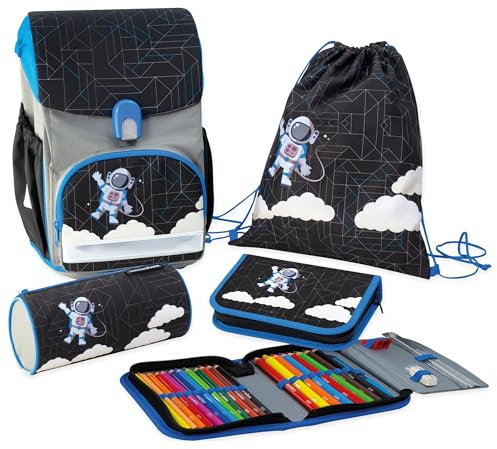 EBERHARD FABER 577653 - EFAlino Schulranzen Set Astronaut, 4-teiliges Set mit Rucksack, Turnbeutel, Schlamperrolle und Federmäppchen