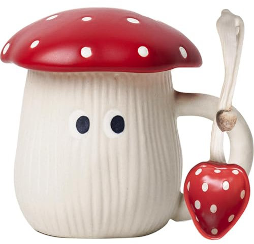 KIUGOP Pilz Tasse mit Deckel Mushroom Mug 400ml Kaffee Tasse Pilz Geschenk Keramik Teetasse mit Löffel & Untersetzer Tee Kaffee Weihnachten Becher Geburtstagsgeschenk für Frau Freundin,Weiß