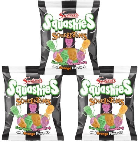 Squashies Skeleton Sweet Gift Bundle with 3x 120g Bags of Swizzles Soft and Fruity Skeleton Squashies