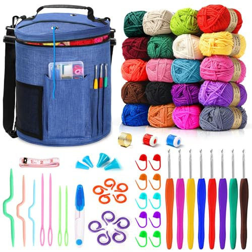 75 Farben Häkelwolle Set, Große Stricktasche, 20 Garnfarben, komplettes Set Mit Strickzubehör Einschließlich Häkelnadeln, Maschenmarkierern, Maßband und Mehr, Anfänger Crochet,Large Knitting Bag