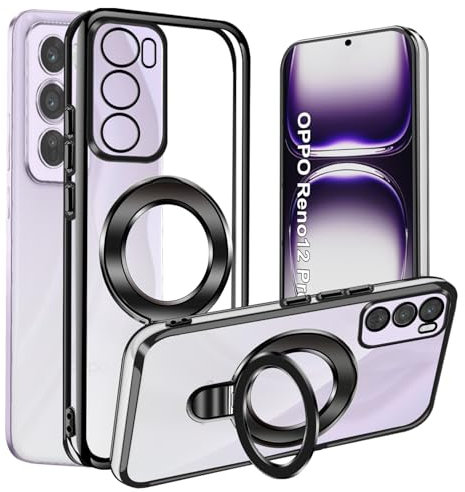Funda para OPPO Reno 12 Pro 5G, Magnética Transparente Galvanizado Funda con Soporte, Silicona TPU Suave Ultra Delgada Antigolpes Carcasa para OPPO Reno 12 Pro