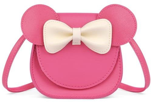 Ainiv Umhängetasche für Mädchen mit Schleife, Kleine Schulterhandtasche mit Mausohren-Schleife, PU-Umhängetasche mit Verstellbarem Riemen für Mädchen, Kinder, Kleinkinder, Teenager-Rose Pink