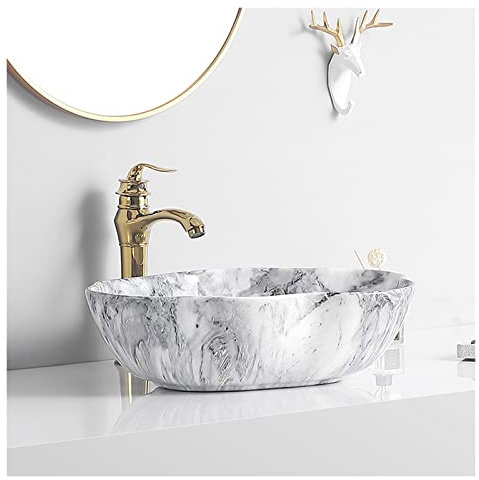 XLDZ Lavandino da bagno ovale in ceramica effetto marmo, con rubinetto dorato e scarico, moderno lavabo sopra il bancone