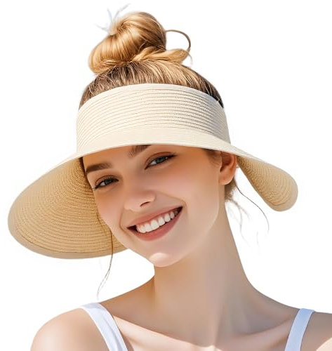powerking Sonnenschutz für Frauen, UV-Schutz breiter Rand Stroh Strandhut, verpackbare klappbare Pferdeschwanz Sommerhüte perfekt für den Sommerurlaub, Beige
