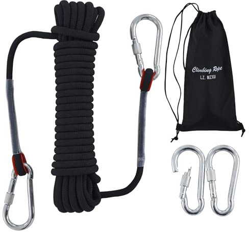 LZ.MZXU Kletterseil 10M 8mm Seil Kletterseil Outdoor Sicherheitsseil Rettungsseil Fallschirm-Seil Nylon Seil mit 2 karabiner für Camping Bergsteigen Outdoor Abenteuer Feuerleiter (Schwarz)