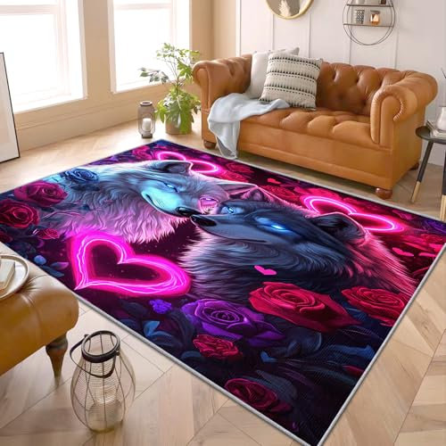 PaxGloz Wolf Teppich - Teppiche Wohnzimmer Schlafzimmer Neon Wolf Motiv, Kleiner Teppich Cooler Jugendzimmer, Weich Kurzflor & Waschbar & rutschfest Fussmatte Innen, Kinderteppich 80x150 cm