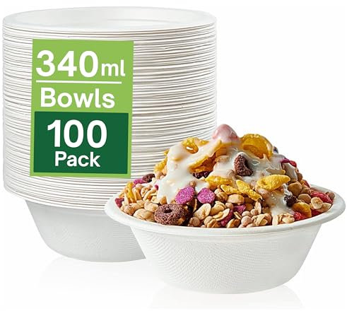 Strong Paper Bowls (350ml / 100 Pack) Disposable Compostable White Bagasse Bowls for Party – Biodegradable Eco-Friendly Microwavable Soup Bowl for Dessert Milk Salad Cereals - Christmas, Weddings