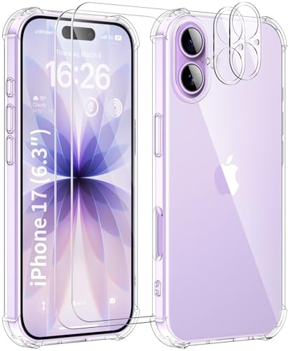 SOGUDE 5 en 1 Coque pour iPhone 17 6,3 Pouces avec 2 Verre Trempé et 2 Caméra Protecteur, Étui de Protection Antichoc avec Coussin d'air Intégré Mince Bumper Housse - Transparente