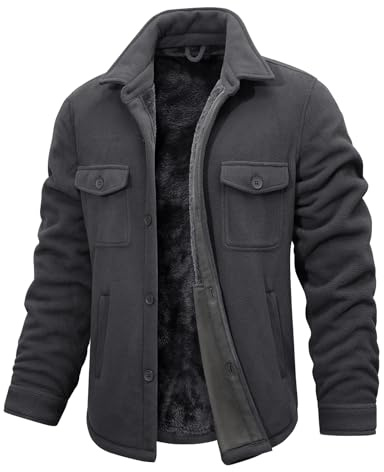 heekpek Men's Jackets Autumn Winter Fleece Flannel Shirts Jacket Long Sleeve Lumberjack Casual Lapel Collar Coat with Pockets, Dark grey, L