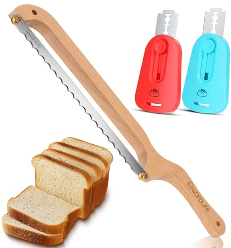 Brotmesser Wellenschliff, Brotbogenschneider aus Holz mit Verbessertem Griff, Brotschneidemesser Scharf Brotsäge Holz mit Zwei Bäckermesser zum Schneiden von Brot, Baguette, Kuchen und Obst