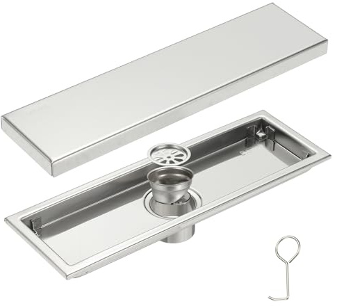 sourcing map Drenaje de ducha rectangular, acero inoxidable 304 cepillado, a prueba de olores, drenaje lineal de ducha, recogedor de pelo para baño, cocina y lavandería (12 pulgadas, plata brillante)