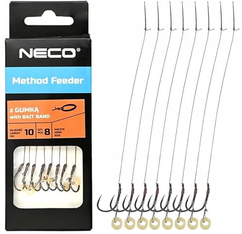 NECO Method Feeder Vorfächer 8er Set – Haken Größe 6/8 / 10/12 mit Widerhaken – Fertige Method Rigs mit Gummiband – 10 cm Geflochtene Vorfächer