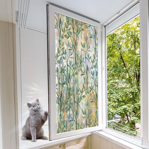 Regenbogen Folie Fenster 70 x 100 cm, Selbstklebend Ohne Kleber Statische Blickdicht Matt, Sichtschutz Anti Uv, Sonnenschutzfolie Fenster Innen, Blätter