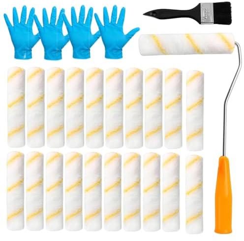 20 PCS Paint Rollers, 6 (150MM) Mini Paint Roller Covers with 2 Handles 4 Gloves and Brush, Used with Water and Oil-Based Paints, High-Quality Nylon Fabric can be Used on Rough Surfaces