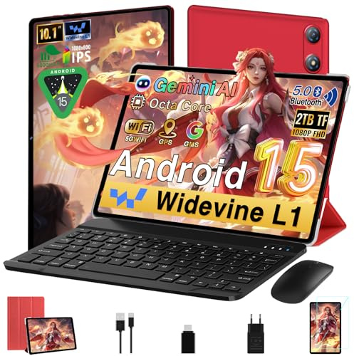 Tablet 10 Pollici Android 15 con 64GB ROM +2TB TF, 5G WiFi 6, Octa-Core, GMS, Bluetooth 5.0, 5MP+8MP, 1280*800 FHD IPS, GMS Certificazione, Widevine L1, Newest Tablet 2 in 1 con Tastiera e Mouse - Red