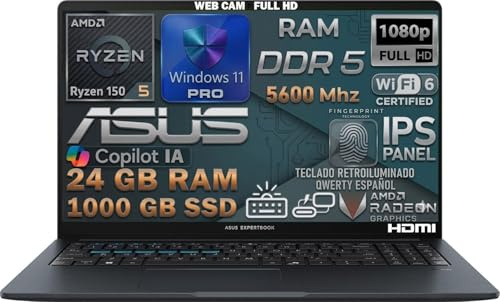 ASUS Ordenador Portátil, AMD Ryzen 5 150 4.55GHz, RAM 24GB DDR5, 1TB SSD PCIe, Pantalla 15.6 FHD IPS, WiFi 6E, Copilot IA, Webcam 1080p, Teclado Español Retroiluminado, Huella Digital, Win11 Pro