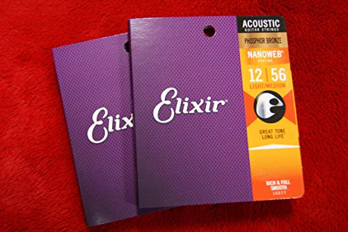 Elixir 16077 12-56 Nanoweb phosphor bronze coated medium light Gitarrensaiten für Akustikgitarre (, 2 Packungen)