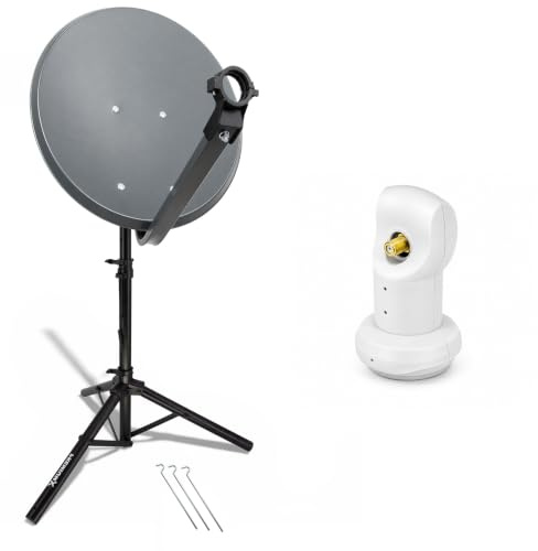 PremiumX Camping Satelliten-Komplettanlage 60cm SAT-Schüssel SAT | Single LNB Dreibein Stativ 3x Stahl-Heringe | Empfang auch bei schlechtem Wetter | Digitaler Satellitenempfang