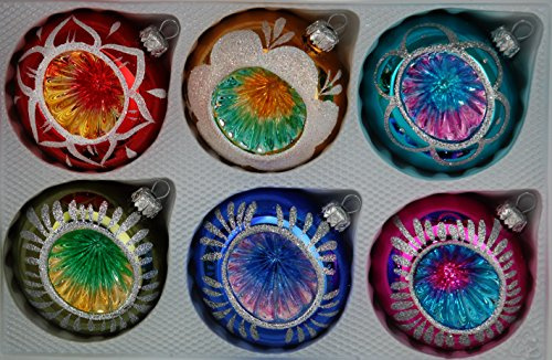 Glänzende Bunte Weihnachtskugeln (rot, gelb, türkis, blau, grün, pink) aus Glas mit bunten Reflexen und silbernen oder weißen Glitzerapplikationen - Durchmesser 8 cm 6er Set