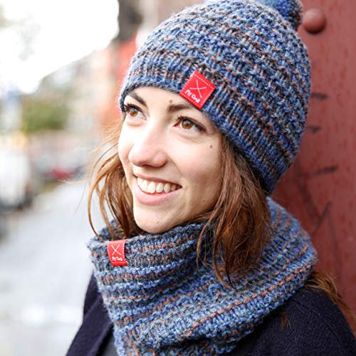 Strickset Mütze + Strickset Schal -DIY Set Mütze und Loop Colorful- Strickpackung Spirit: 2X Merinowolle Blau-Mix + Strickanleitung + GRATIS Label – Mütze Stricken Anfänger + Loopschal Stricken Set
