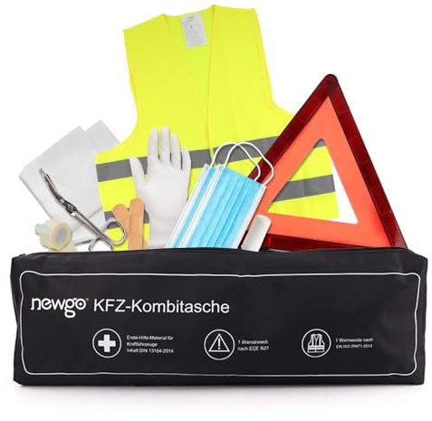 NEWGO Auto-Verbandstasche nach aktueller Norm 2025 [EU-konform] Verbandskasten DIN 13164 mit Warnweste, Warndreieck & Auto-Unfall-Zubehör Erste-Hilfe-Tasche Pannenset 2025