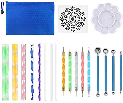 MYCreator Punktierwerkzeuge für Steinmalerei, Polymerton, Keramik, Mandala-Kunstwerkzeuge, Malset mit Tragetasche, Mandala-Schablone, Punktierstifte, Punktierstäbe, Kugelstift, Farbtablett, 19-teilig
