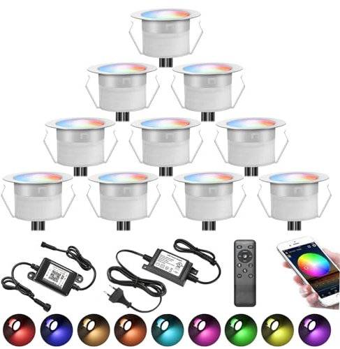 FVTLED 10er WIFI RGBWW LED Bodeneinbaustrahler Bodenleuchten Bodenstrahler Arbeitet mit Alexa,LED Terassenbeleuchtungen DC12V Ø31mm 0.6W Terrassenbeleuchtung WiFi Wireless Smart Phone Full Kit