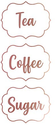 Coffee Tea Sugar Canister Stickers Self Adhesive Waterproof Vinyl Kitchen Decal Brushed Rose Gold Pack of 3 Stickers at 80mm by 60mm Each