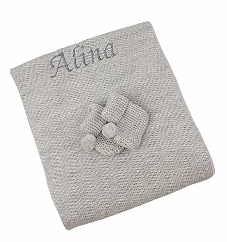 Babydecke Strickdecke mit Namen (grau)