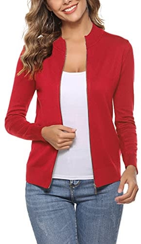Aottori Damen Langarm Stehkragen Strickjacke Pullover Cardigan mit Reißverschluss Sweatshirt Casual Einfarbig Strickmantel Freizeit Jacket Outerwear Rot L