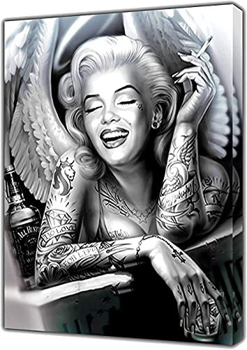 Schwarz Weiß Marilyn Monroe Angel Portrait Leinwand Gemälde Wandkunst Tattoo Rauchende Frauen Poster und Drucke Wohnkultur Bilder für Schlafzimmer, Wohnzimmer, rahmenlos,30x40cm