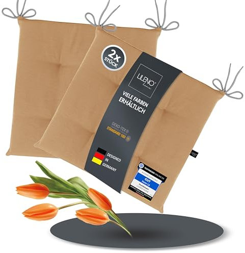 LILENO HOME 2er Set Stuhlkissen Caramell (40x40x4,5 cm) - Sitzkissen für Gartenstuhl, Küche oder Esszimmerstuhl - UV-beständige Indoor u. Outdoor Stuhlauflage als Stuhl Kissen (Laura FUM)