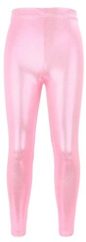 NewL Enfants Filles Pantalon de Danse Gymnastique Shiny Metallic Dance Leggings Skinny for Performances Costume (Rose, 7-8 Ans)