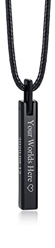 XUANPAI 3D Bar Necklace Men, Personalised Engraved 4 Sided Vertical Tungsten Steel 3D Bar Pendant Custom Text Name Necklace Jewelry Couples Friendship Gift,Rope Chain,Black