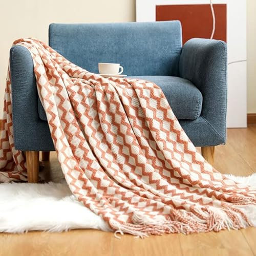 Nordic Knit Plaid Super Soft Bohemia für Bettsofabezug Tagesdecke Plaid auf dem Sofa Dekordecken mit Quasten-Wellenorange,130x200cm,CN