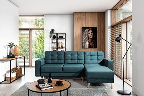 ALTDECOR Ecksofa rechts mit Schlaffunktion und Bettkasten mit Gasdruckfeder, Polstercouch in L-Form rechts angeordnet, rückenecht gepolstert, ideal als Gästebett - Gard-L 248x162x93 cm Türkis