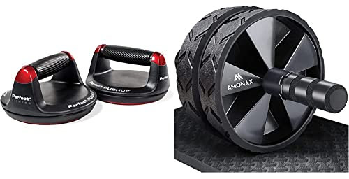 Perfect Fitness Liegestützgriffe Push Up, Fitnessgeräte für Zuhause, Schwarz, 2 Stück & Amonax Bauchroller, bauchtrainer ab roller, bauchmuskeltrainer ab wheel set, mit Rutschfester,