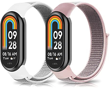 Niboow Cinturino per Xiaomi Smart Band 10/9 / 8, Uomini Donne Ricambio Regolabile Watch Band, Sport Nylon Traspirante Cinturino per Xiaomi Mi Band 10/9 / 8 - Rosa + Bianco